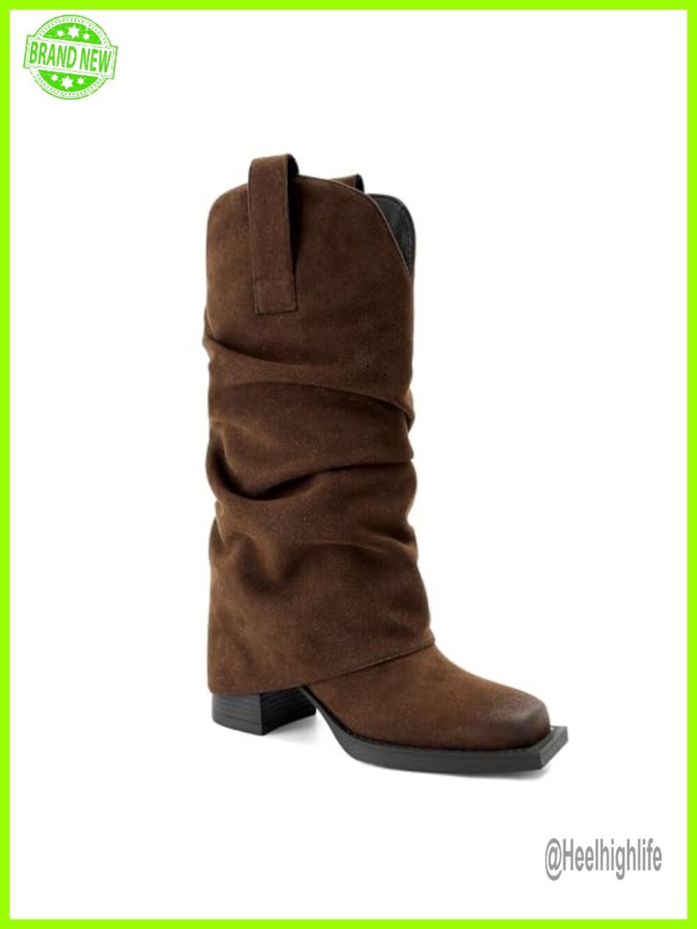 Faux Suede Fold Over Mid Calf Boots Square Toe Chunky Block Heel Pull On